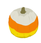 an orange and yellow pumpkin sitting on a white surface