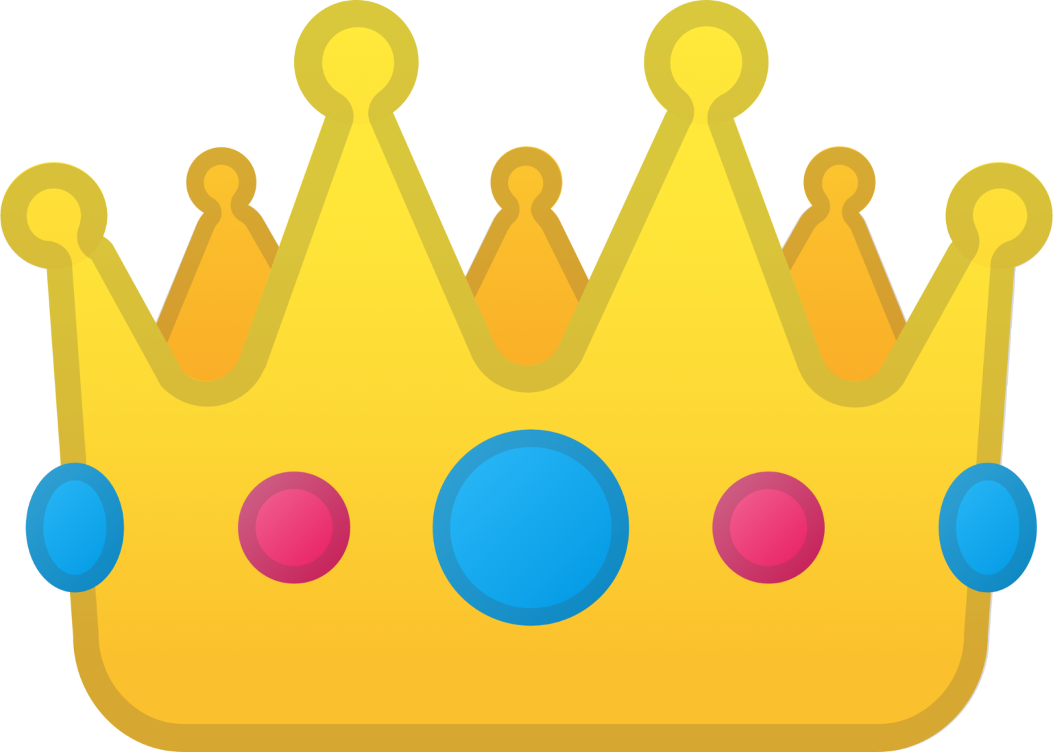a yellow crown with blue and red balls on it