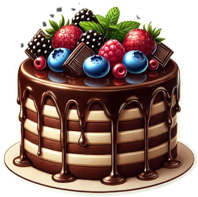 a cake with chocolate and berries on top