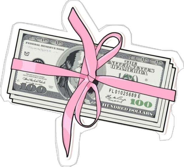 a pink ribbon tied to a dollar