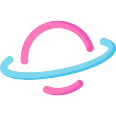 a pink and blue saturn logo on a white background