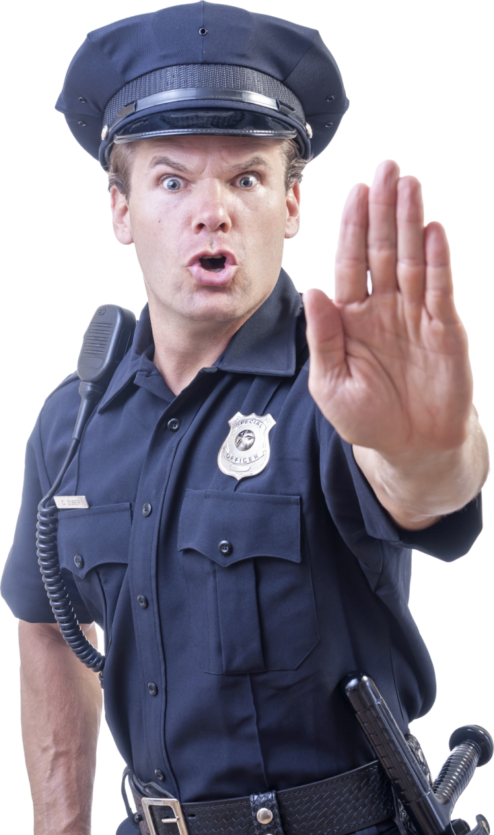 a man in a police uniform with his hand up