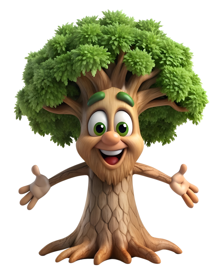 a cartoon tree with green leaves on its head