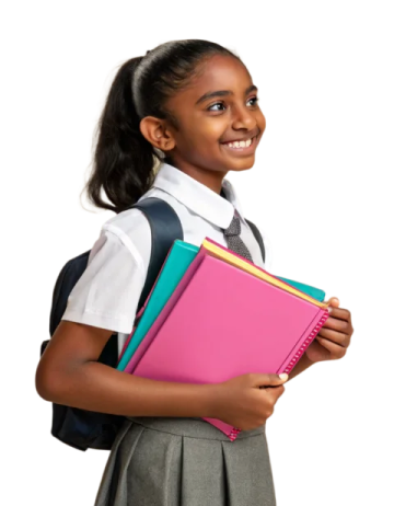 a young girl holding a book and smiling