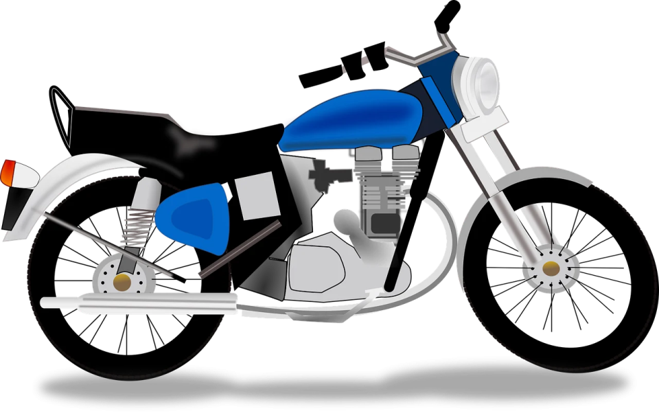 a blue and white motorcycle on a white background