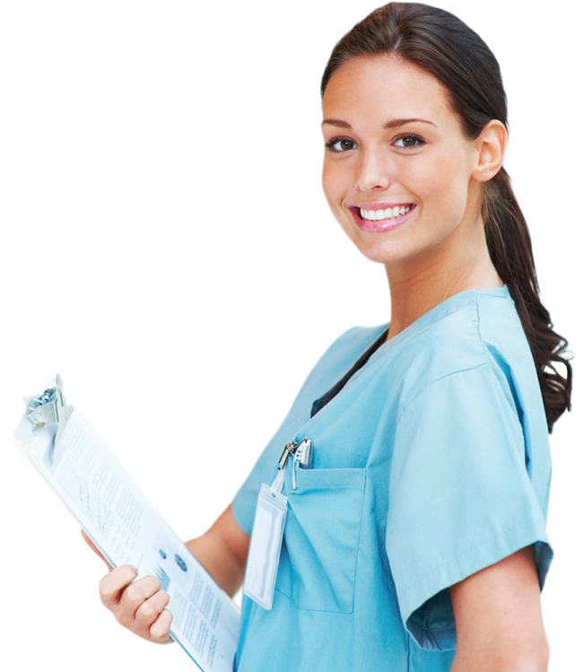a woman in scrubs holding a clipboard