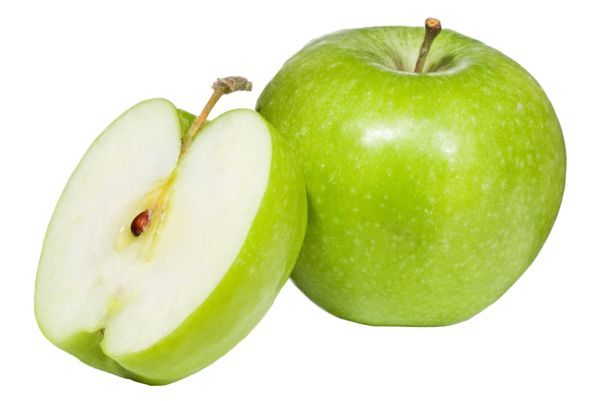 two green apples with one cut in half