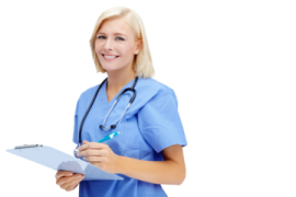 a woman in scrubs holding a clipboard