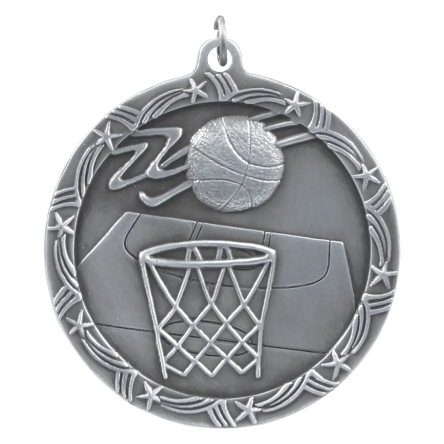 a basketball medal with a ball and hoop