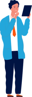 a man in a suit and tie holding a tablet