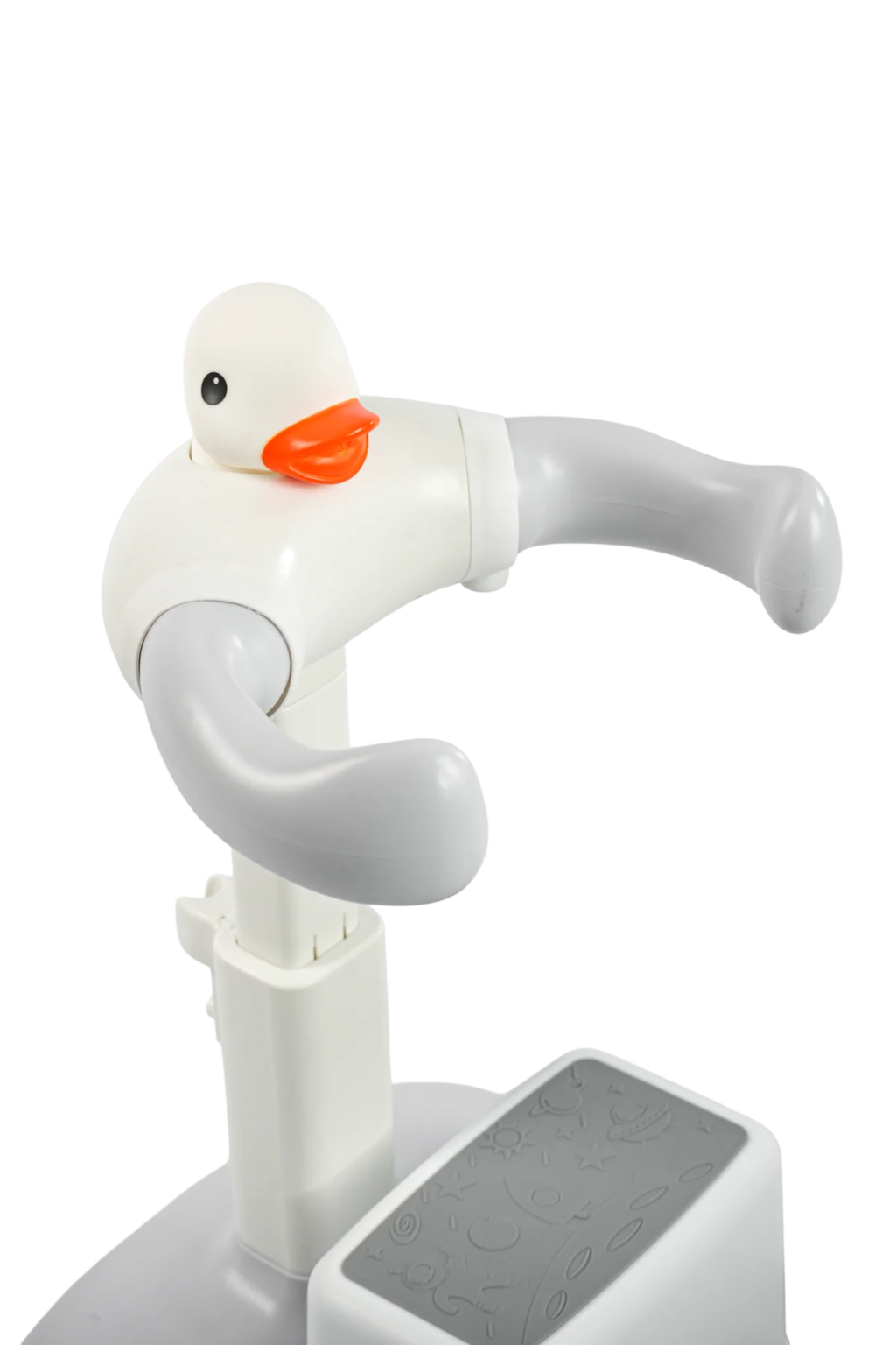 a white duck with an orange beak on it's head