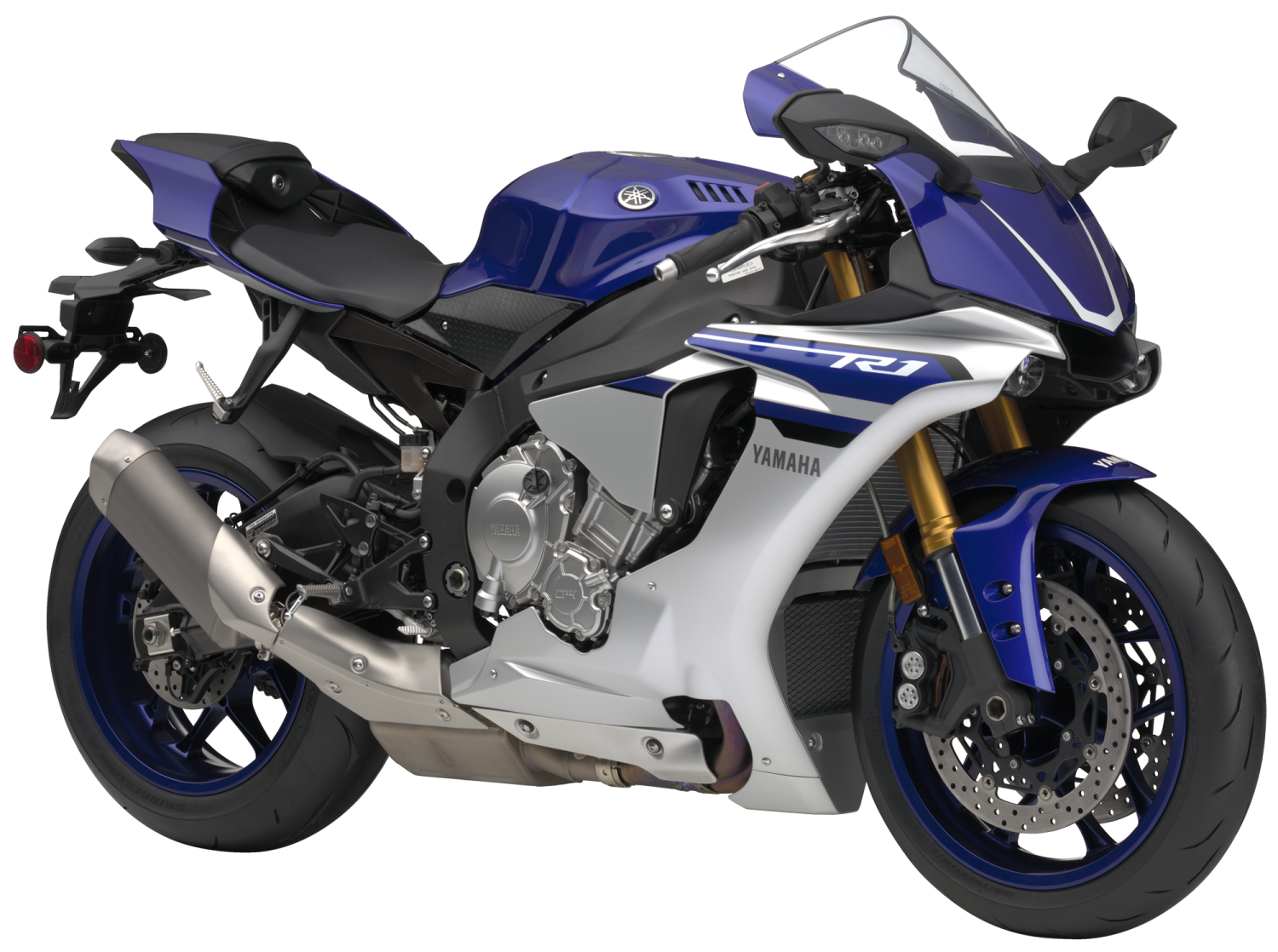 a blue and white motorcycle on a white background