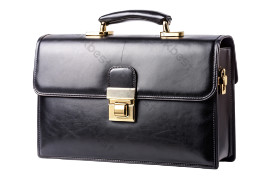 a black leather briefcase with gold hardware