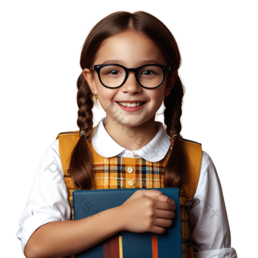 a little girl wearing glasses and holding a book