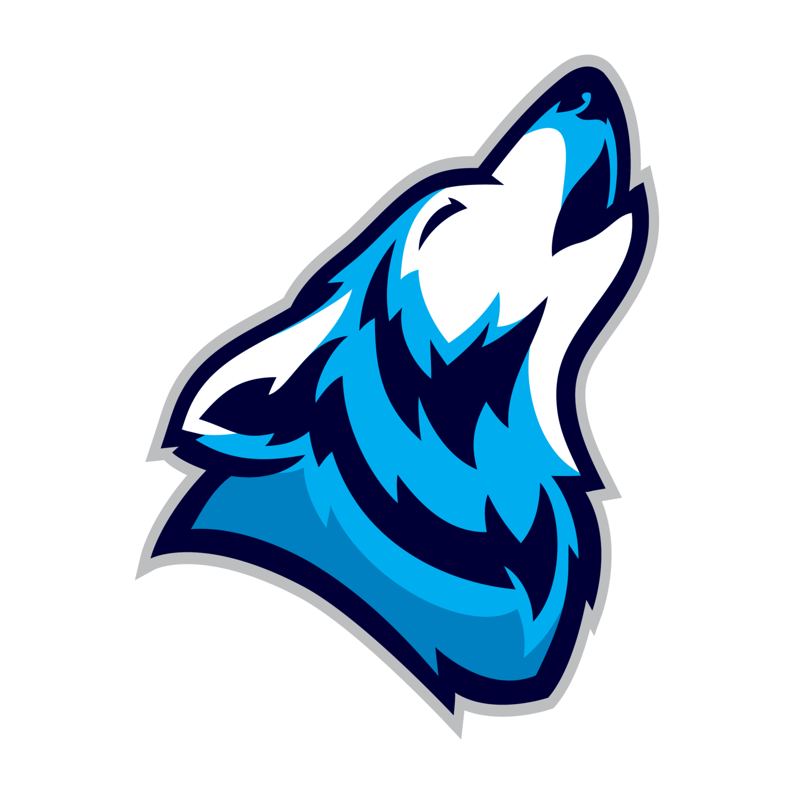 a wolf head with blue and white colors