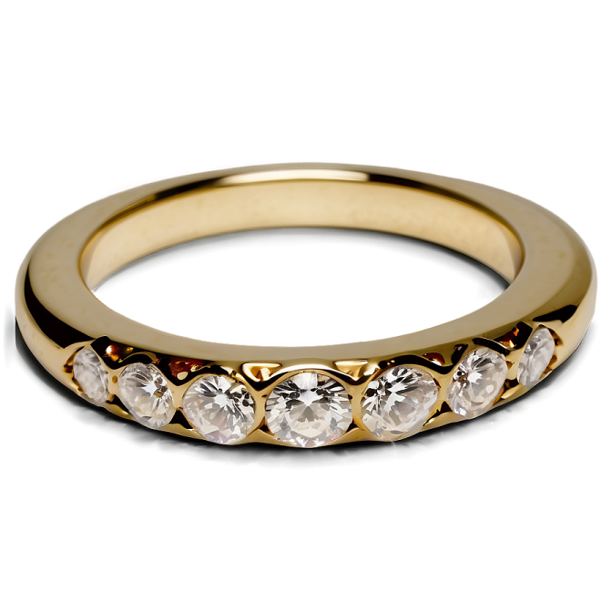 a yellow gold wedding band with five white diamonds