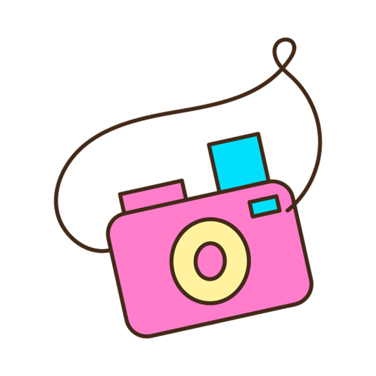 a pink camera with blue and yellow squares