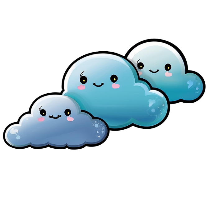 three blue clouds with smiling faces