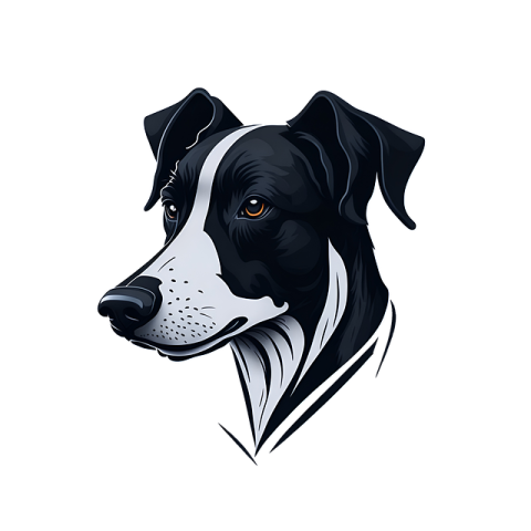 a black and white dog head on a white background