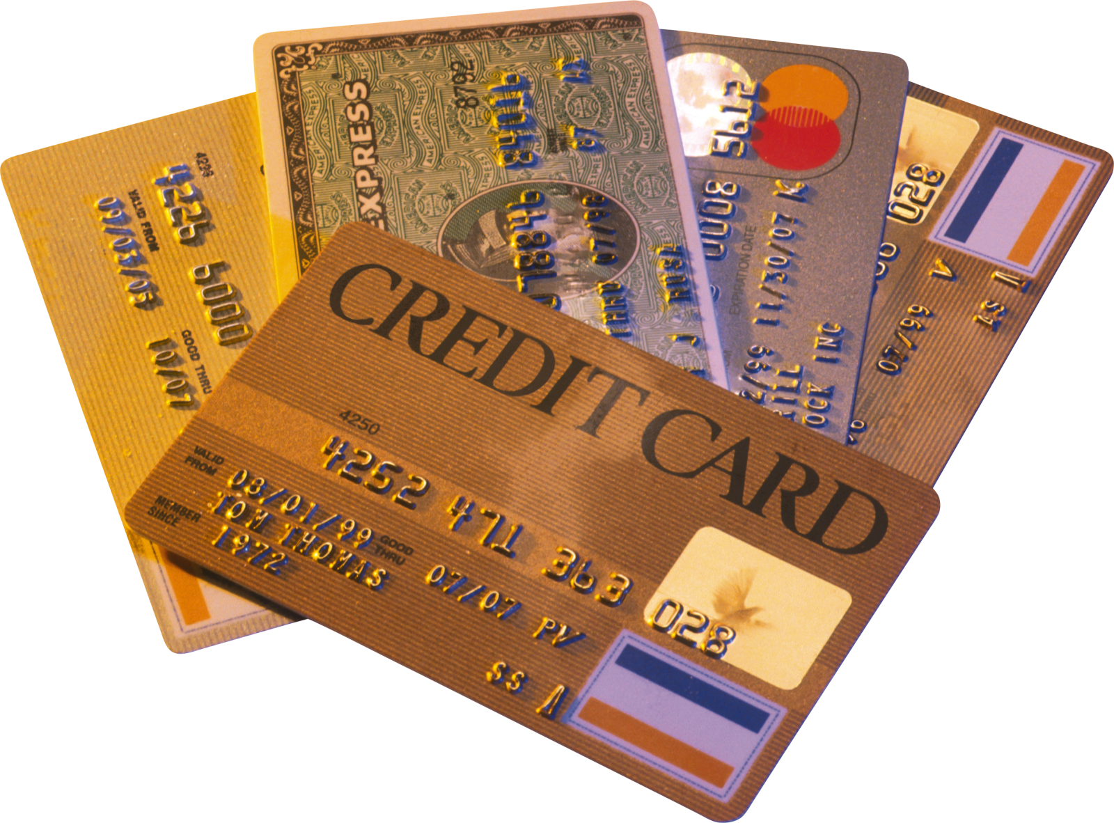 a pile of credit cards on a white background