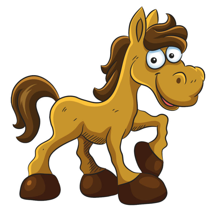 a cartoon horse with big eyes and brown hair