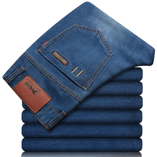 a stack of blue jeans on a white background