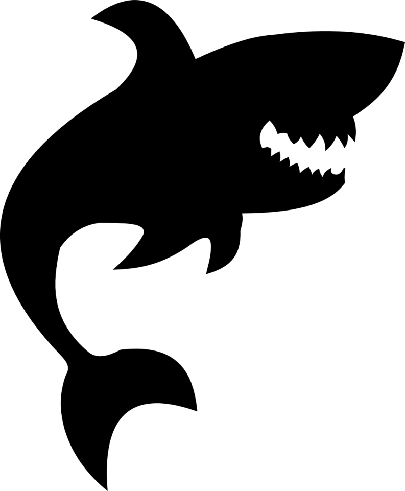 a black and white shark silhouette on a white background