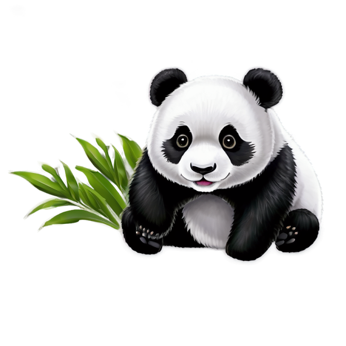 a panda bear sitting next to some bamboo leaves