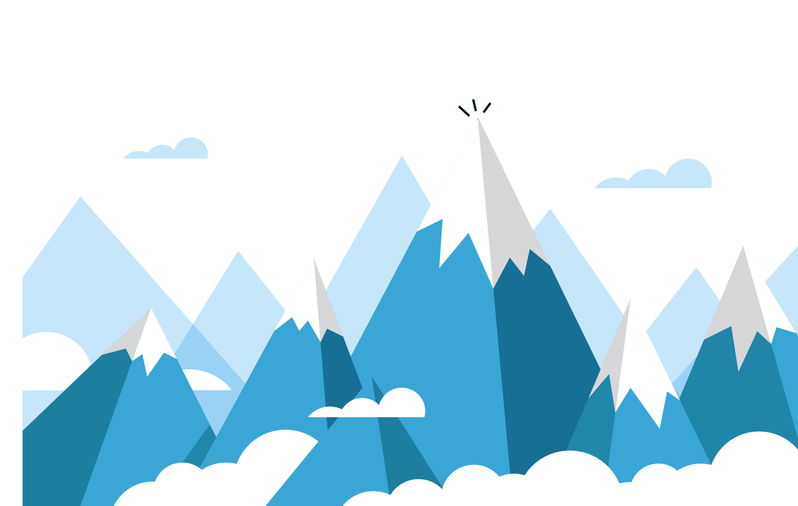 a white background with blue mountains and clouds