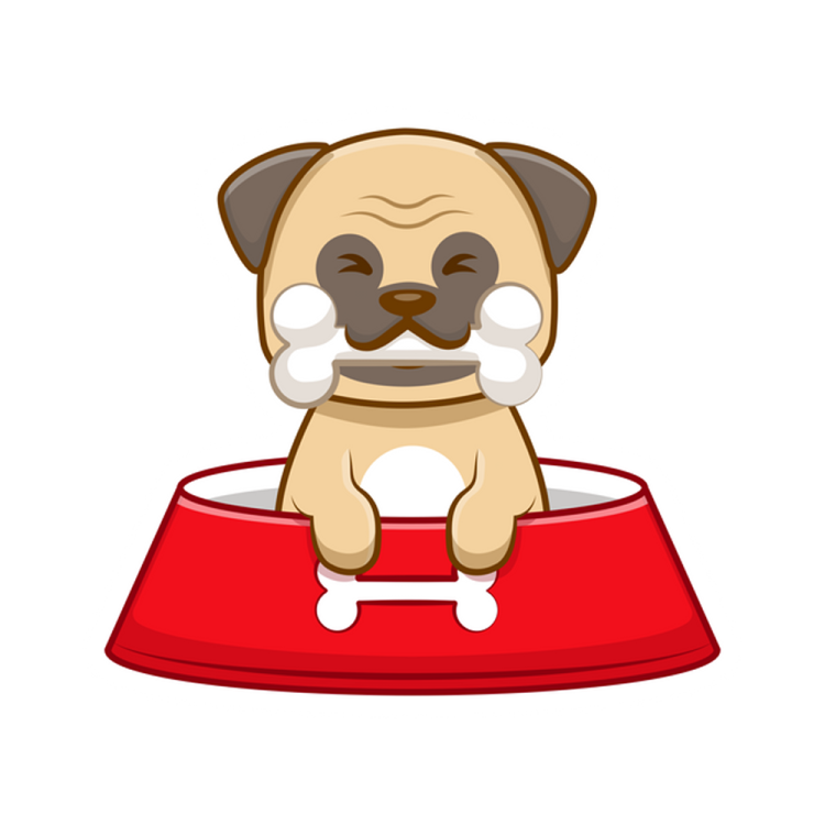 a dog sitting on top of a red bowl