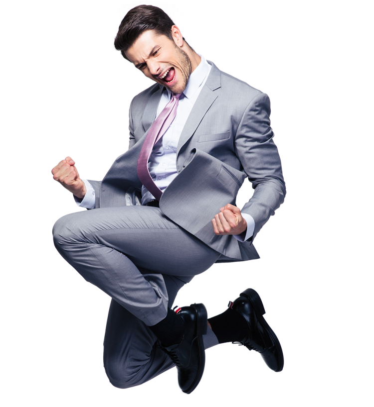 a man in a suit jumping up in the air