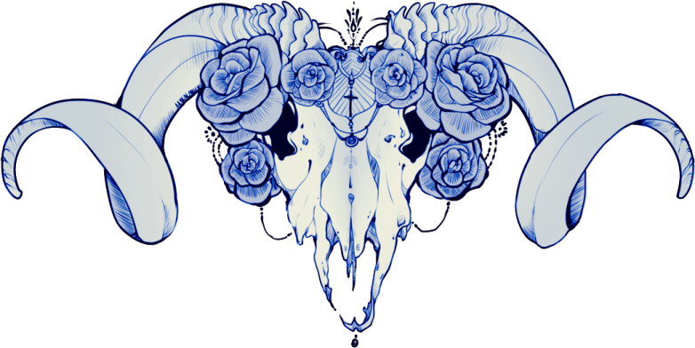 a drawing of a goat skull with roses on it