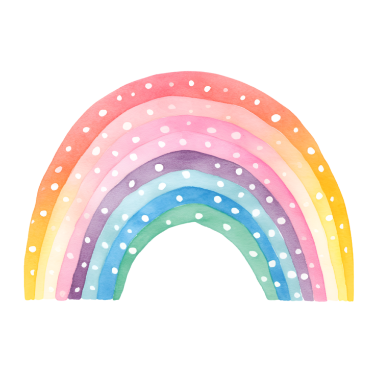 a watercolor painting of a rainbow with polka dots