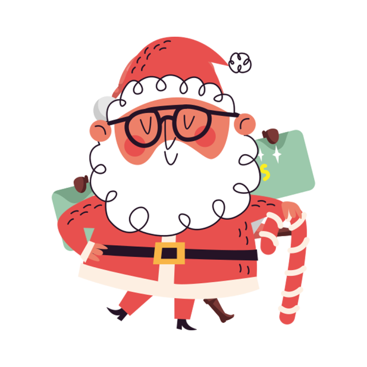a cartoon santa with glasses and a bag of gifts