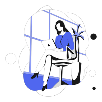 a woman sitting in an office chair with her laptop