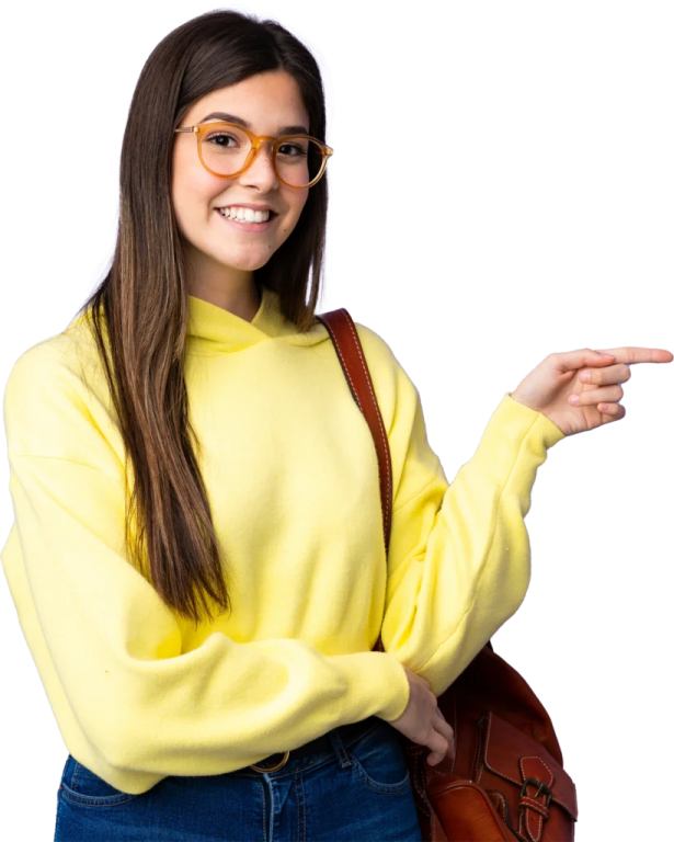 a woman in a yellow sweater pointing at the camera