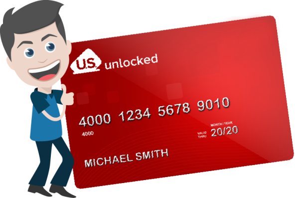 a man holding up a red credit card