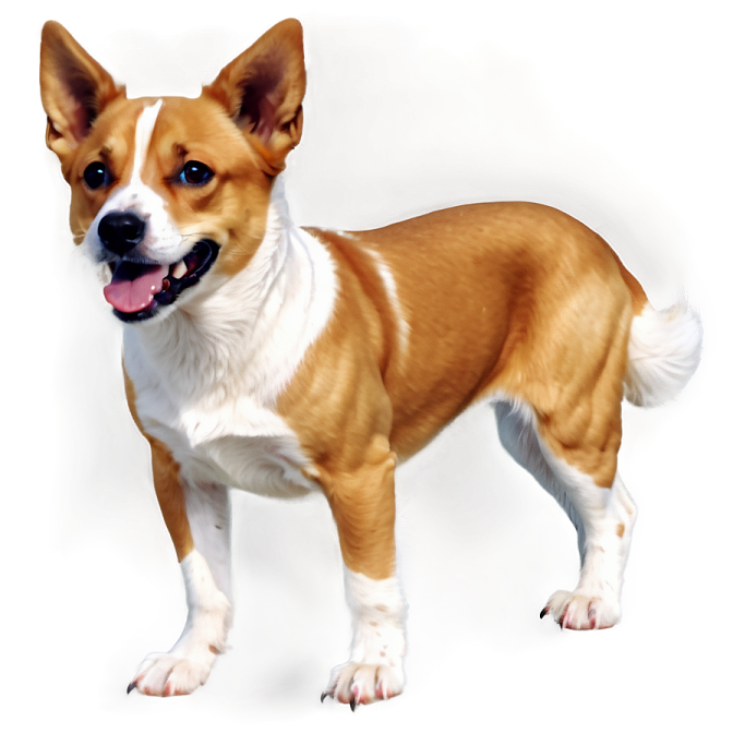a small brown and white dog standing on a white surface