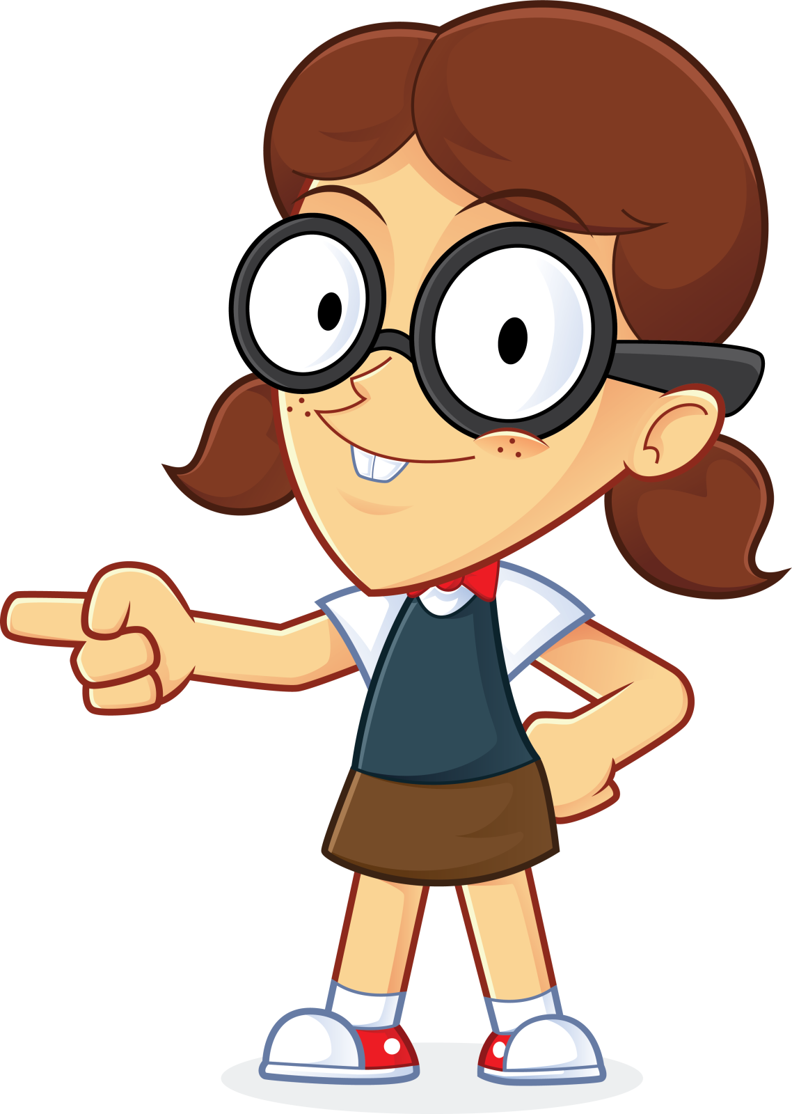 a cartoon girl with glasses pointing to the right