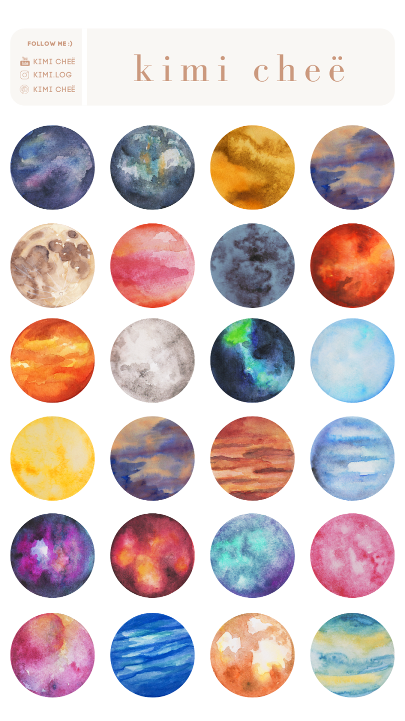 a collection of watercolor planets in different colors