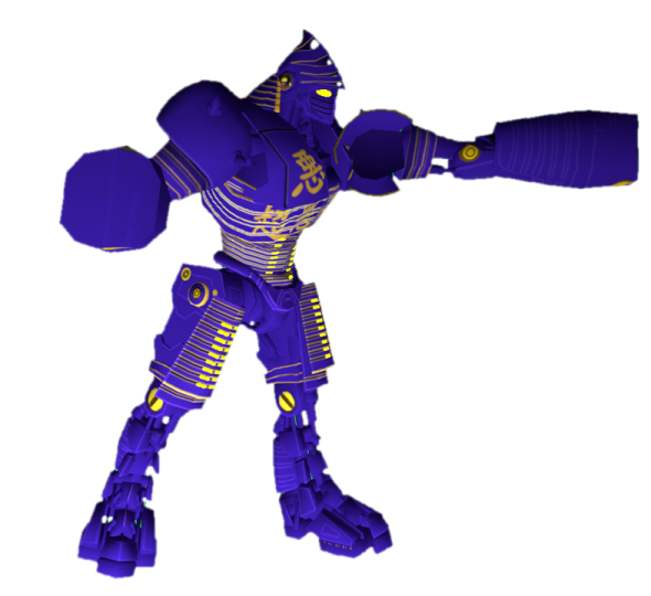 a purple and yellow robot with arms outstretched