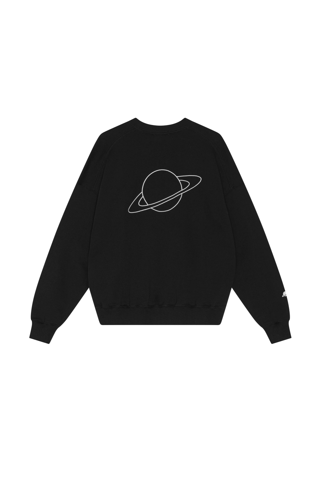 a black sweatshirt with the saturn logo on it