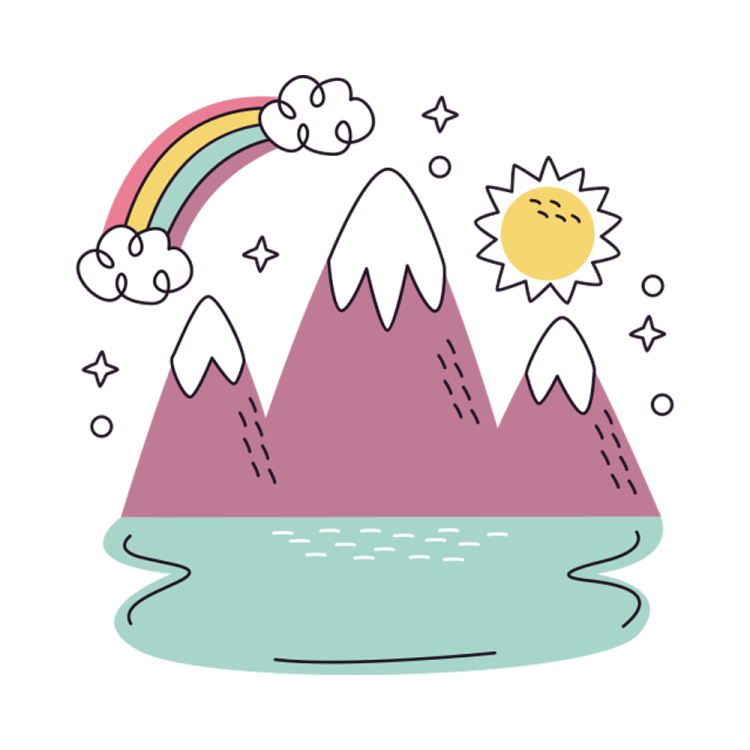 a mountain with a rainbow and stars above it