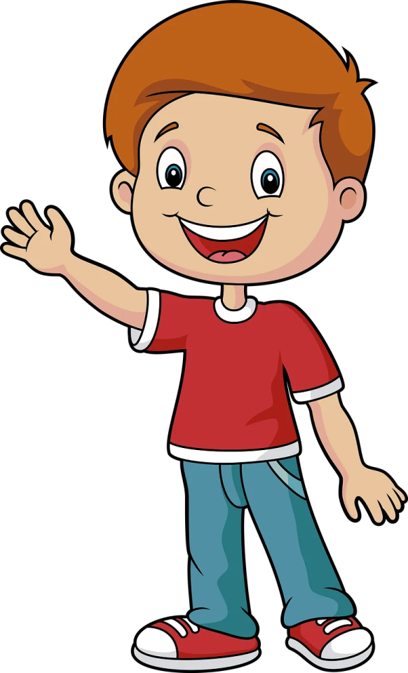 a boy in red shirt and blue jeans waving