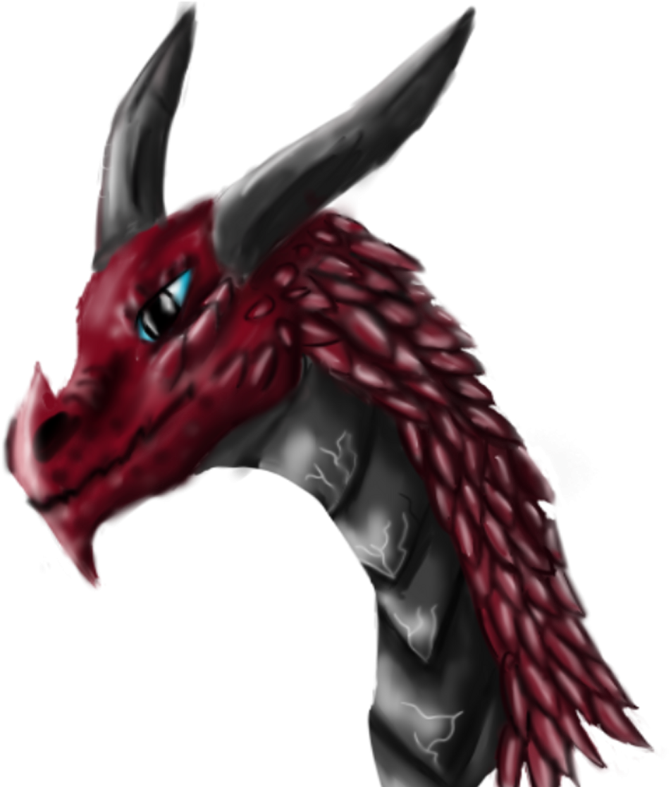 a red and black dragon head with blue eyes