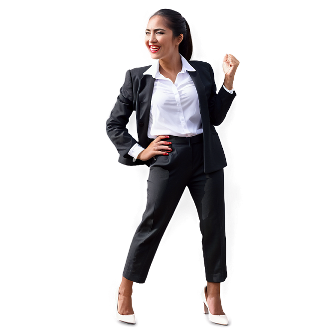 a woman in a black suit and white shirt