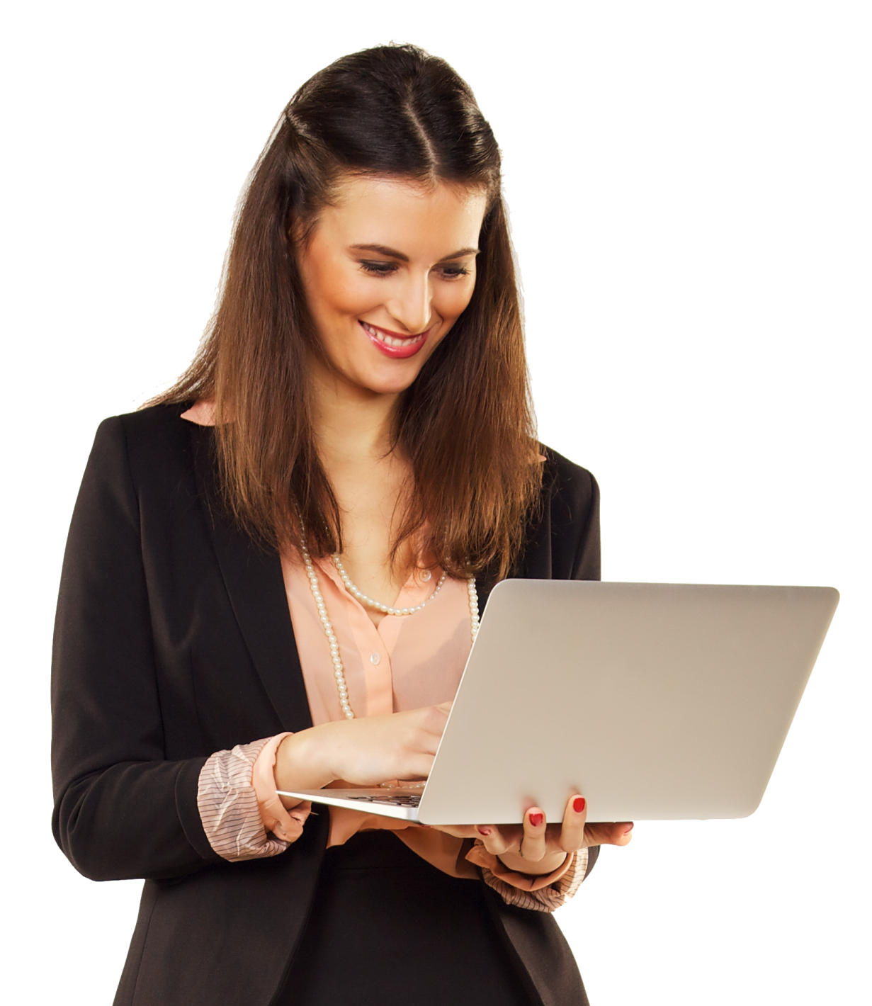 a woman in a business suit holding a laptop