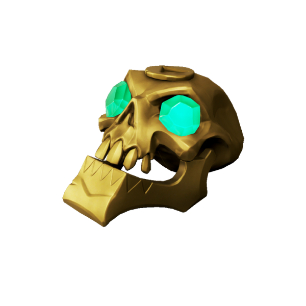 an image of a gold skull with green eyes