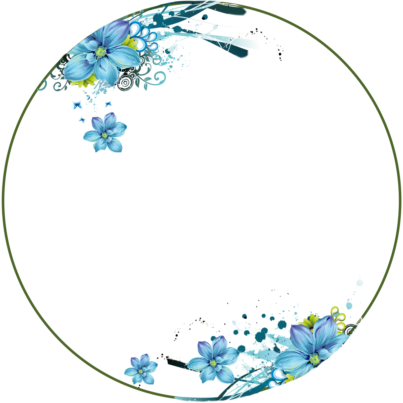 a circular frame with blue flowers and butterflies