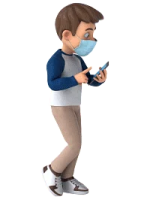 a boy wearing a face mask and holding a cell phone
